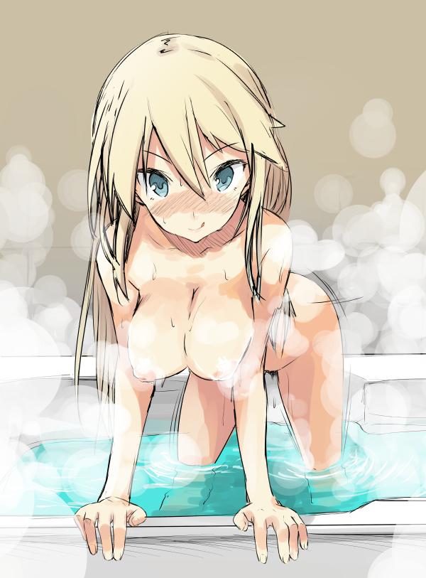 :p bath bent_over bismarck_(kantai_collection) blonde_hair blue_eyes blush breasts hanging_breasts inverted_nipples iwasaki_takashi kantai_collection large_breasts long_hair looking_at_viewer nipples nude pubic_hair solo steam tongue tongue_out water