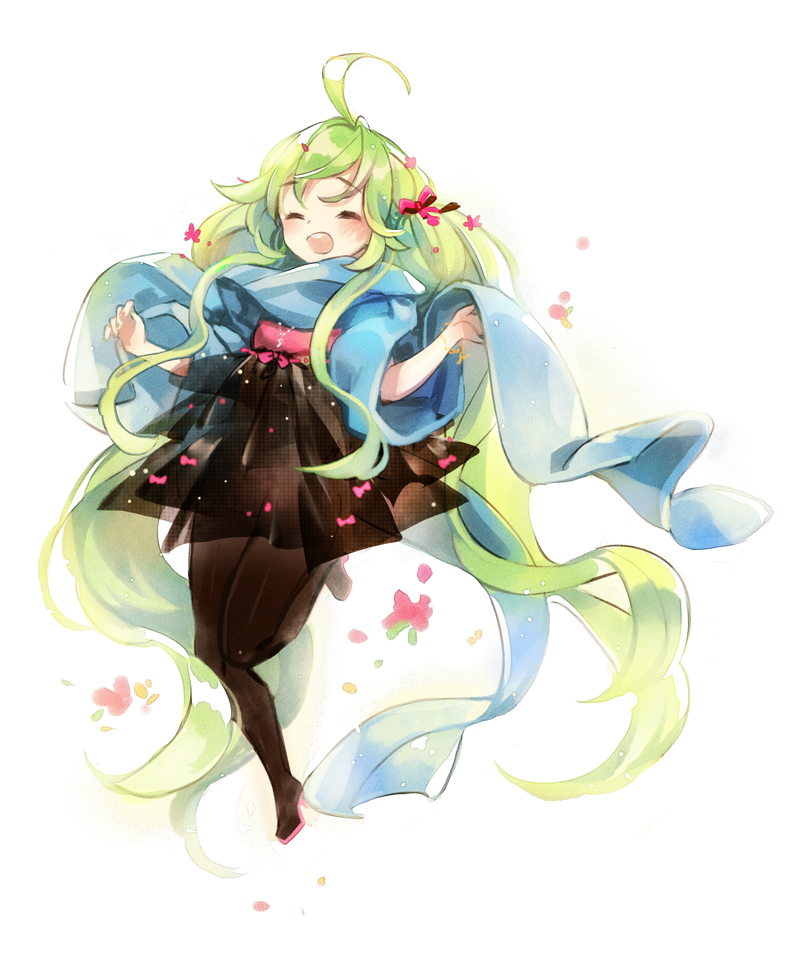 absurdly_long_hair ahoge blush closed_eyes full_body gaha green_hair hatsune_miku long_hair open_mouth pantyhose skirt solo very_long_hair vocaloid