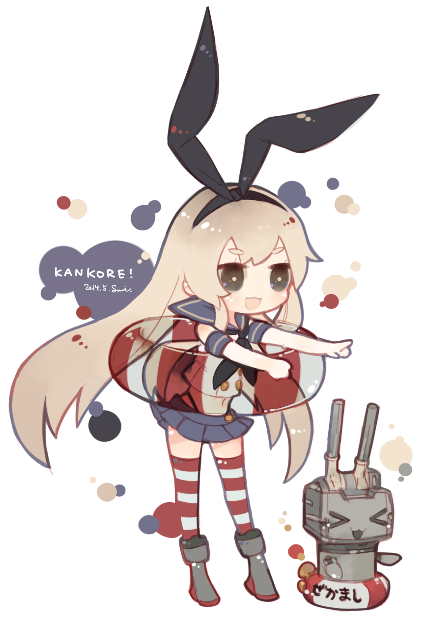 :3 :d animal_ears black_panties blonde_hair bunny_ears elbow_gloves gloves hairband highleg highres kantai_collection lifebuoy long_hair machinery midriff neckerchief open_mouth panties rensouhou-chan school_uniform serafuku shimakaze_(kantai_collection) skirt smile striped striped_legwear sumisu_(rinsumi) thighhighs turret underwear white_background white_gloves