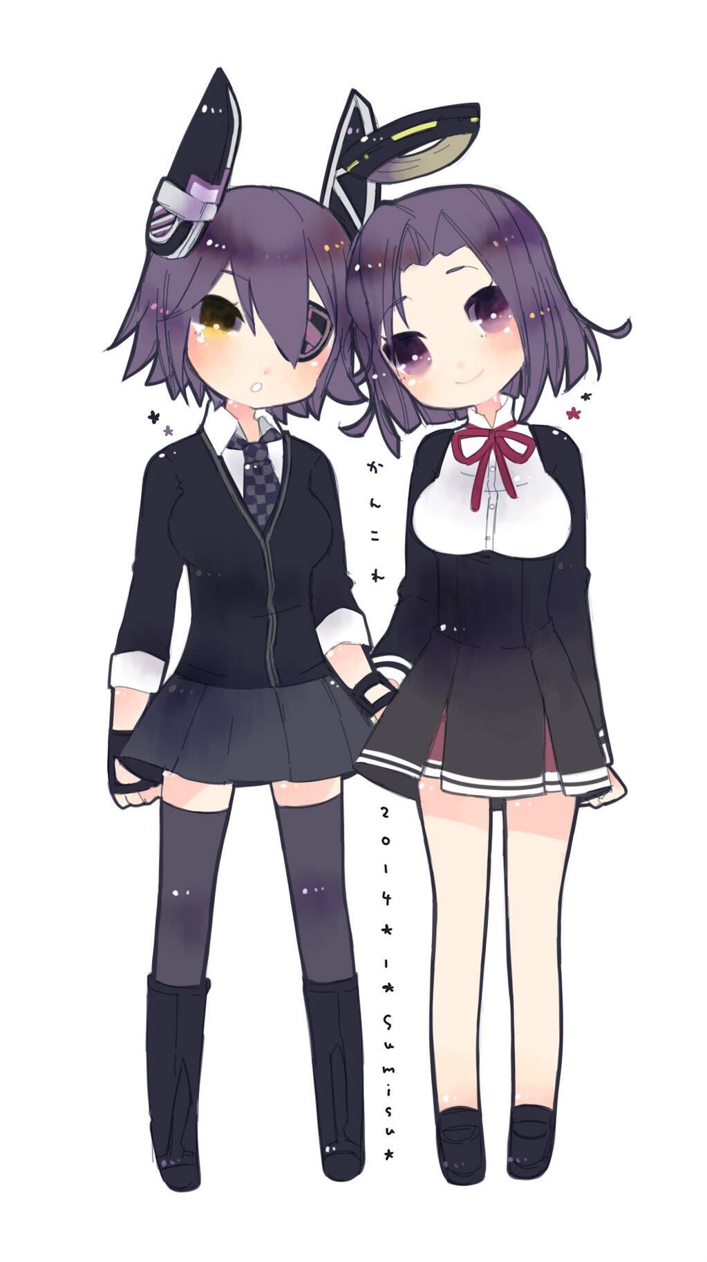 2girls :o boots breasts eyepatch fingerless_gloves gloves hand_holding headgear highres kantai_collection large_breasts loafers looking_at_viewer mechanical_halo multiple_girls neck_ribbon necktie no_socks purple_eyes purple_hair ribbon school_uniform shoes short_hair smile sumisu_(rinsumi) tatsuta_(kantai_collection) tenryuu_(kantai_collection) thighhighs white_background yellow_eyes