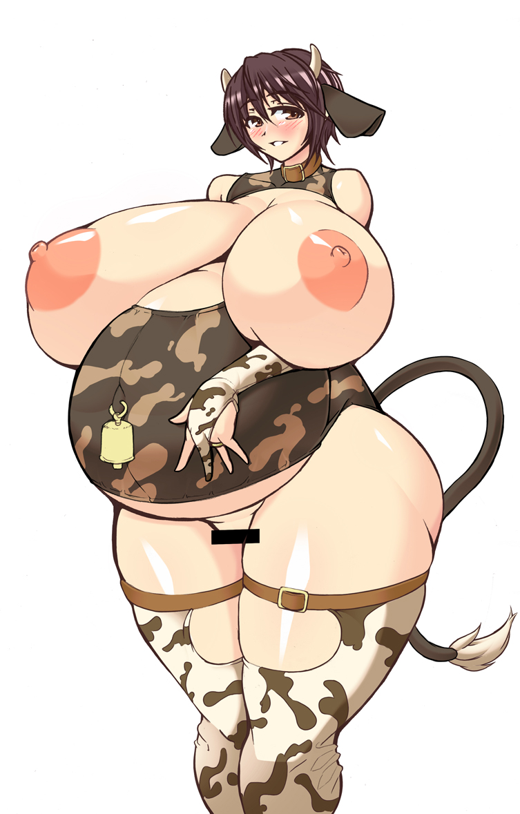 1girl animal_ears areolae bare_shoulders bell blush breastless_clothes breastless_clothing breasts breasts_outside brown_eyes brown_hair censored collar cow_ears cow_girl cow_horns cow_print cow_tail elbow_gloves female gigantic_breasts gloves horns idolmaster idolmaster_cinderella_girls jewelry large_areolae nipples no_bra no_panties oikawa_shizuku plump pregnant puffy_nipples renges ring short_hair simple_background smile solo standing tail thighhighs wedding_ring white_background wide_hips