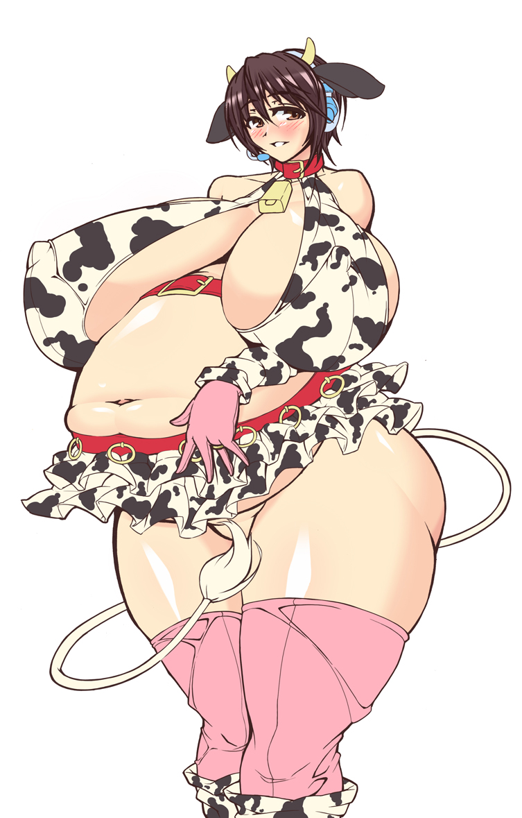1girl animal_ears bare_shoulders bell belt blush breasts brown_eyes brown_hair censored collar convenient_censoring cow_ears cow_girl cow_horns cow_print cow_tail detached_sleeves erect_nipples female gigantic_breasts gloves headphones horns idolmaster idolmaster_cinderella_girls jewelry miniskirt navel no_panties oikawa_shizuku pink_gloves plump pregnant renges ring short_hair simple_background skirt smile solo standing tail thighhighs wedding_ring white_background wide_hips
