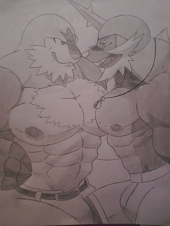 3:4 abs anthro athletic barazoku belt biceps big_muscles blush bottomwear chesnaught clothed clothing duo embarrassed fur generation_5_pokemon generation_6_pokemon horn jewelry male male/male muscular muscular_male nathan_the_mega-smeargle necklace nintendo nipples pants pecs pokemon pokemon_(species) pose samurott sketch topless unknown_artist