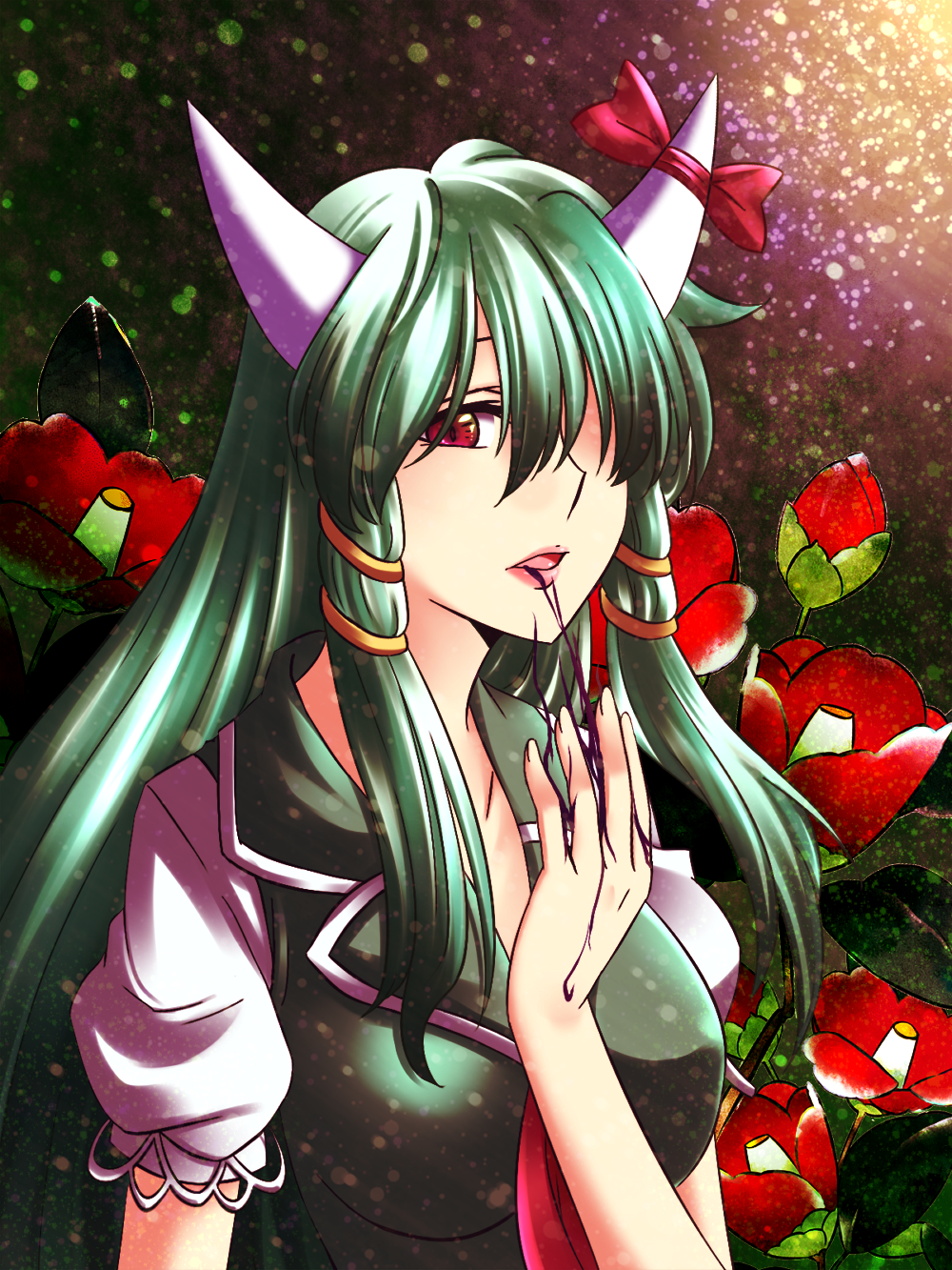 bow breasts dress ex-keine flower green_dress green_hair hair_ornament hair_over_one_eye highres horn_bow horns kamishirasawa_keine large_breasts lips long_hair making_of parted_lips puffy_short_sleeves puffy_sleeves red_eyes samuimu short_sleeves solo touhou very_long_hair