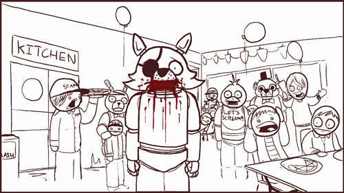 2014 animatronic anthro avian bear bird bonnie_(fnaf) canine chica_(fnaf) claws eye_patch eyewear fangs feels female five_nights_at_freddy's fox foxy_(fnaf) freddy_(fnaf) hook human lagomorph looking_at_viewer male mammal monochrome pirate plain_background police prison rabbit screens shower soap thousand_yard_stare toe_claws tongue weapon white_background white_eyes