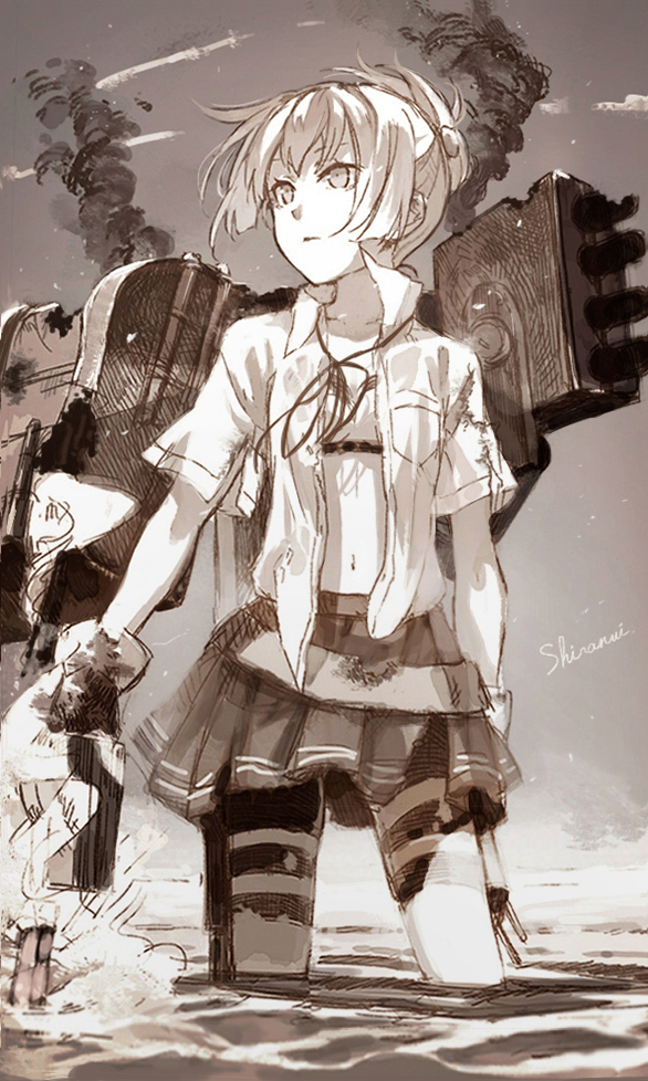 bike_shorts bra broken character_name cosmic_(crownclowncosmic) cowboy_shot gloves hair_ornament kantai_collection looking_afar monochrome navel neck_ribbon open_clothes open_shirt pleated_skirt ponytail ribbon shiranui_(kantai_collection) shirt short_hair short_ponytail skirt sky smoke solo standing thigh_strap torn_clothes underwear