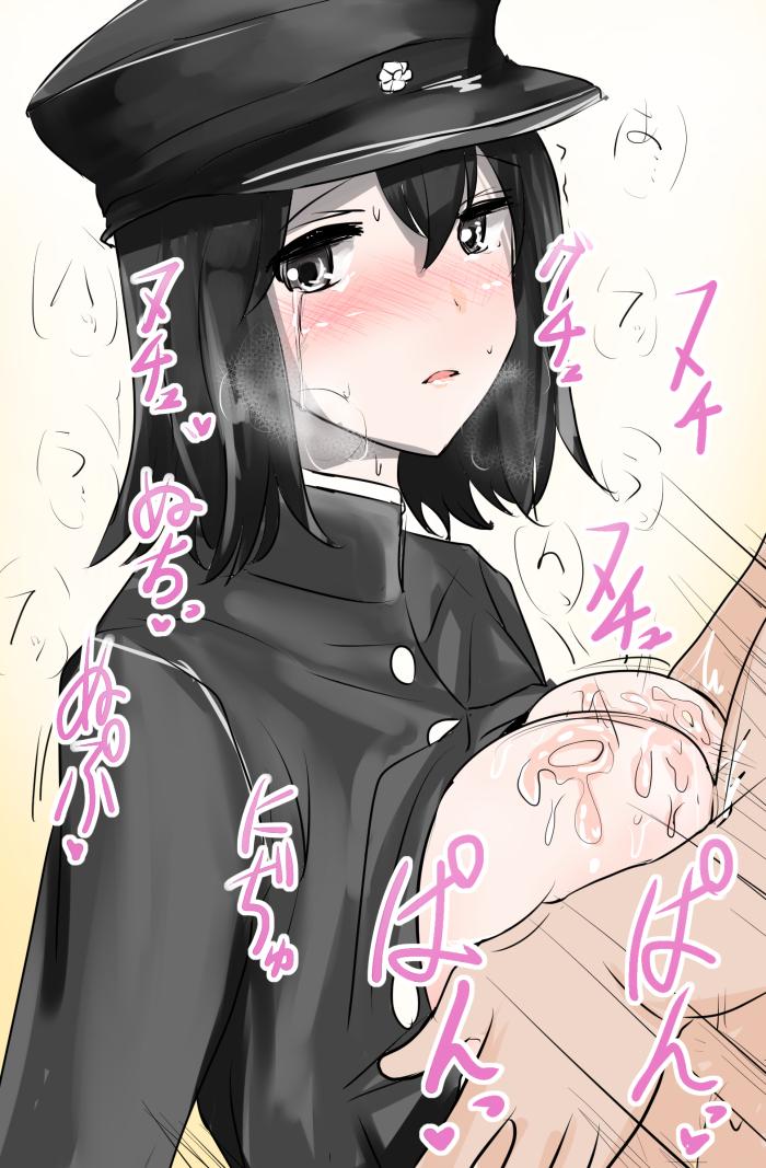 1girl akitsu_maru_(kantai_collection) black_eyes black_hair blush breasts breasts_outside from_side grey_eyes hat hetero kantai_collection large_breasts looking_at_viewer looking_to_the_side military military_uniform paizuri paizuri_under_clothes pale_skin peaked_cap poshi_(ginmokusei) short_hair simple_background tears uniform white_background