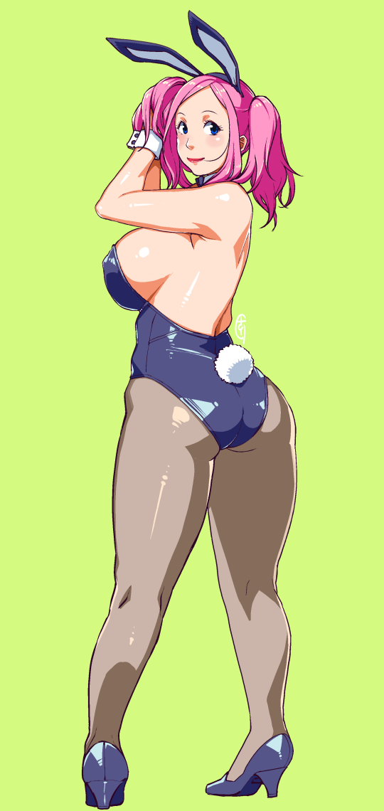 1girl adjusting_hair animal_ears ass bare_back bare_shoulders breasts closed_mouth commentary_request fake_animal_ears from_behind ganto green_background high_heels large_breasts legs_apart looking_at_viewer looking_back okita_kyouko okusan pantyhose pink_hair playboy_bunny plump rabbit_ears rabbit_tail short_twintails sideboob simple_background solo standing tail twintails wrist_cuffs