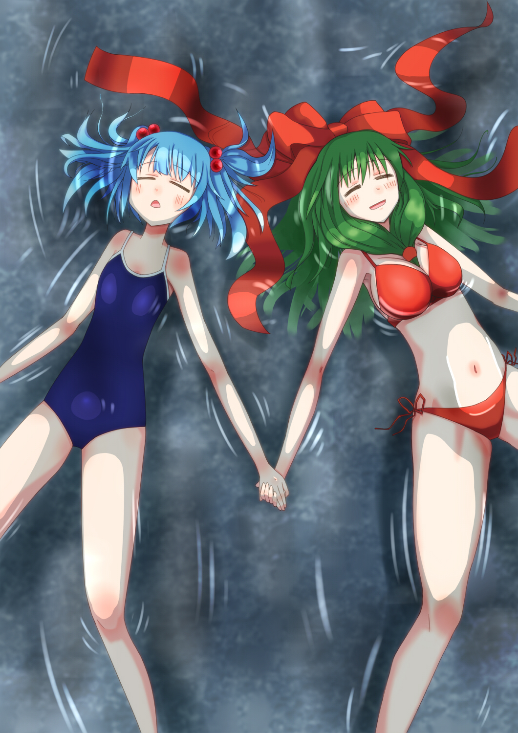 3692materia bare_shoulders bikini bikini_bottom bikini_top blue_hair blush blush_stickers bow closed_eyes collarbone competition_school_swimsuit flat_chest front_ponytail hair_bobbles hair_bow hair_ornament hair_ribbon hands_together highres kagiyama_hina kawashiro_nitori long_hair lying multiple_girls no_hat no_headwear on_back one-piece_swimsuit open_mouth partially_submerged red_bikini ribbon school_swimsuit short_hair short_twintails side-tie_bikini swimsuit touhou twintails two_side_up water wet wet_clothes