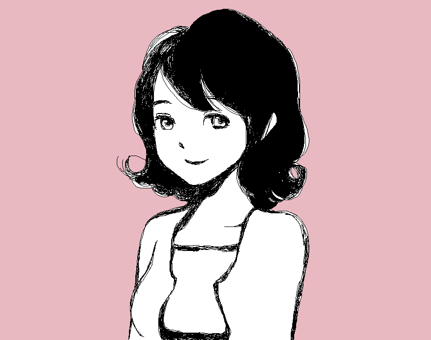 black_hair breasts cardigan curly_hair looking_at_viewer monochrome original pink_background shimura_takako short_hair smile solo upper_body