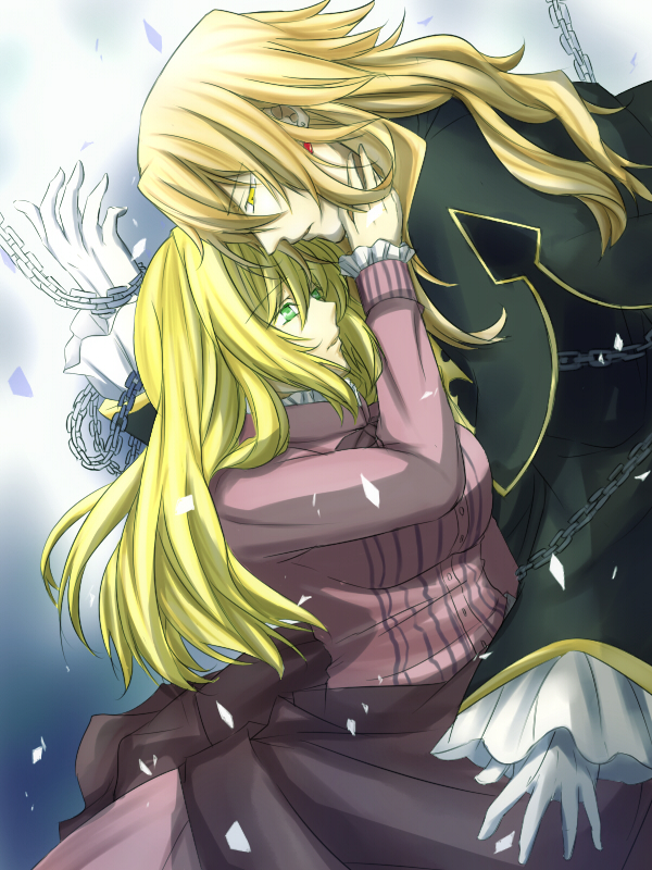 1girl ada_vessalius berta_(artist) blonde_hair bow capelet couple dress earrings formal frills gloves green_eyes hand_on_another's_face hetero heterochromia jewelry long_hair pandora_hearts vincent_nightray yellow_eyes