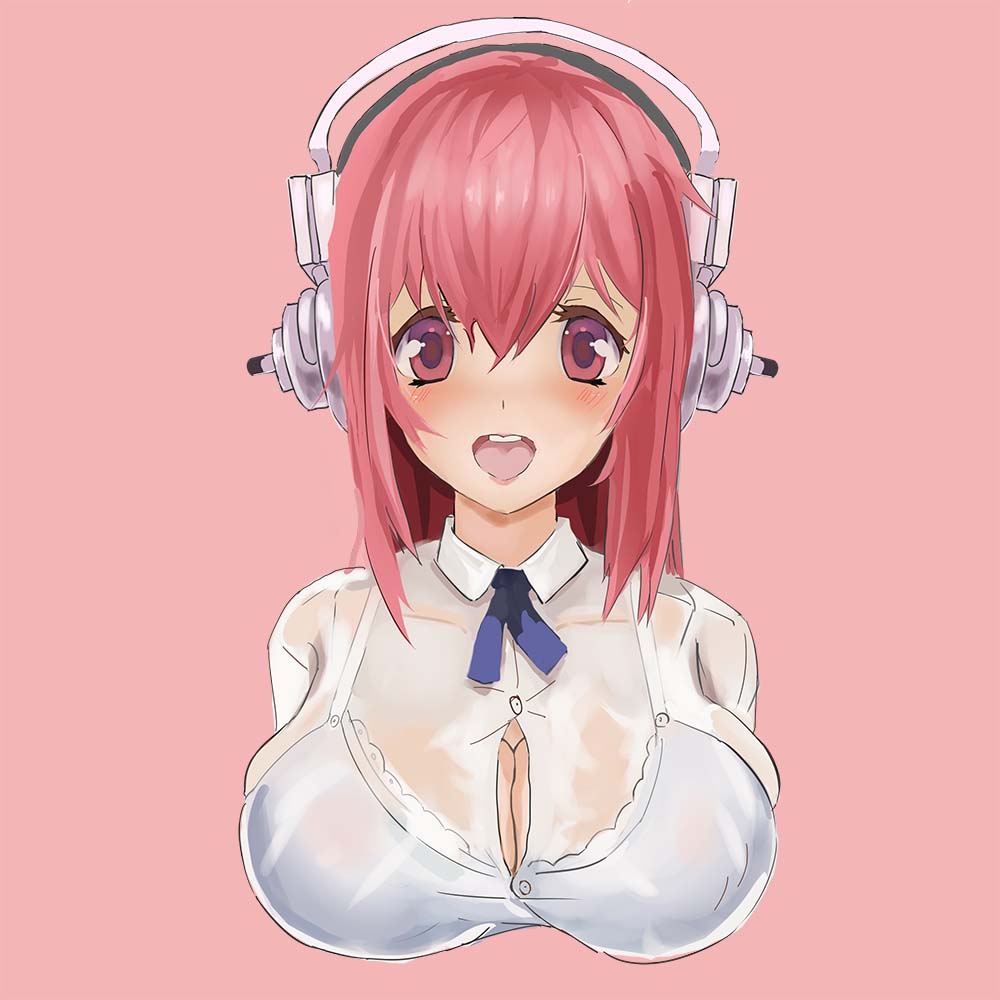 1girl bad_id bad_pixiv_id blush bra breasts cleavage headphones large_breasts long_hair looking_at_viewer nitroplus open_mouth photoshop_(medium) pink_background pink_eyes pink_hair see-through shirt simple_background smile solo super_sonico taut_clothes taut_shirt underwear upper_body wellroam wing_collar