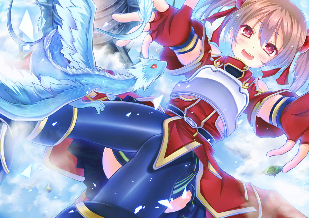 1girl armor breastplate brown_hair commentary_request dragon fingerless_gloves gloves mitsuki_yuu pina_(sao) red_eyes short_hair silica sword_art_online thighhighs twintails