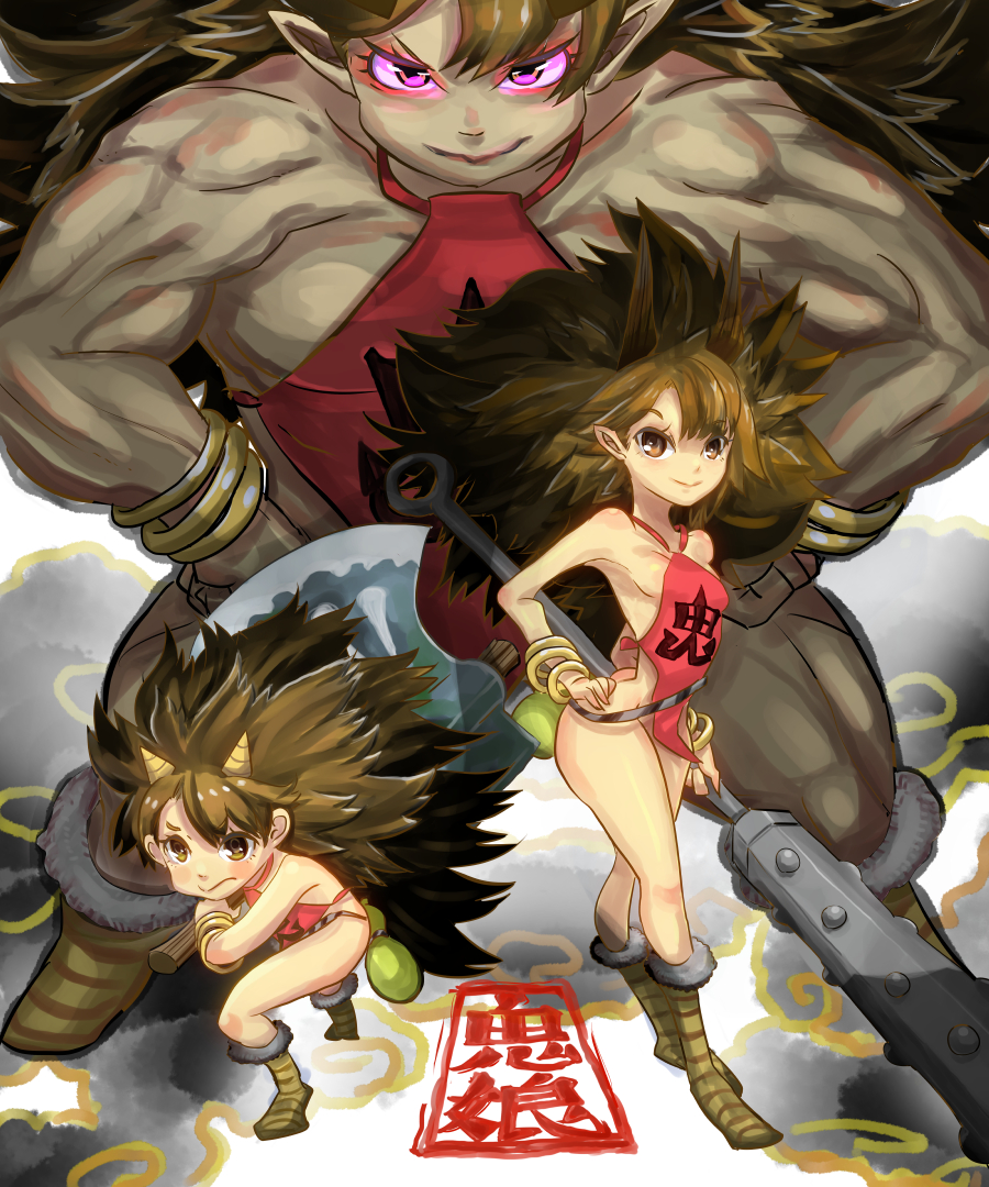 animal_print axe battle_axe big_hair boots bracelet breasts brown_eyes brown_hair child club dudou flat_chest glowing glowing_eyes horns huge_weapon jewelry long_hair multiple_girls multiple_persona muscle oboro_muramasa oni pointy_ears rajaki_(oboro_muramasa) sideboob spiked_club thick_thighs thighs tiger_print vanillaware weapon