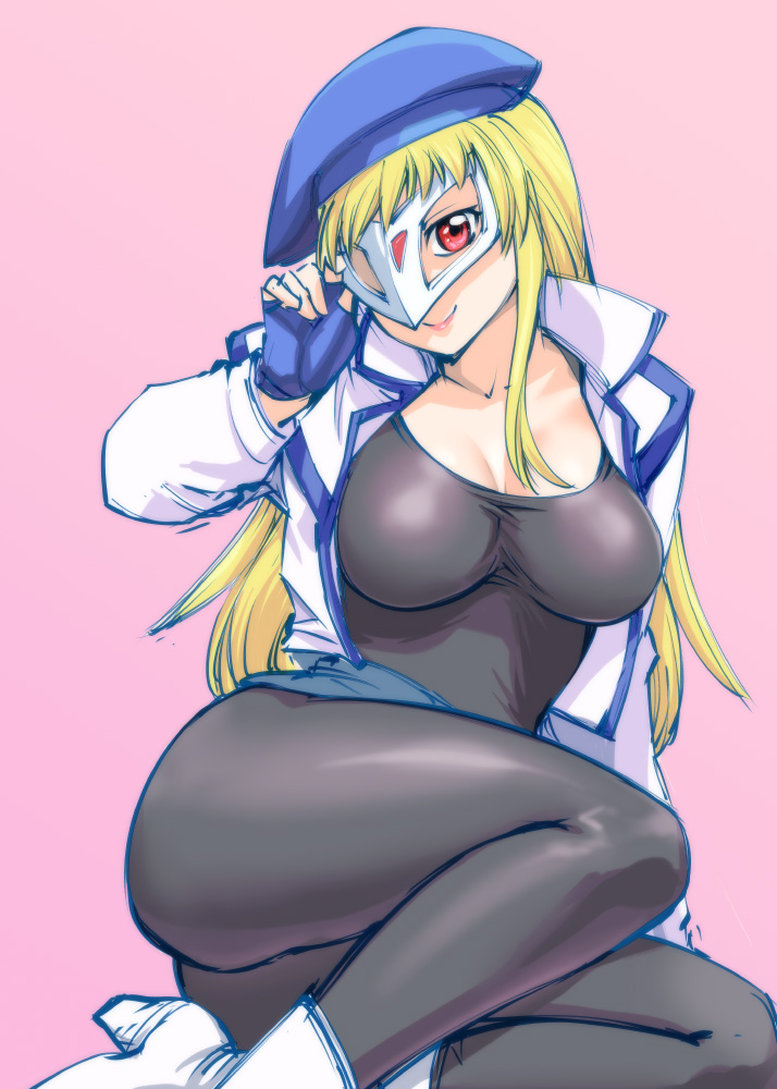 blonde_hair breasts cleavage fingerless_gloves gear_senshi_dendou gloves hat high_heels jacket large_breasts lips long_hair long_sleeves mask pink_background red_eyes shiny shiny_clothes simple_background sitting smile solo ueyama_michirou vega_(dendoh)