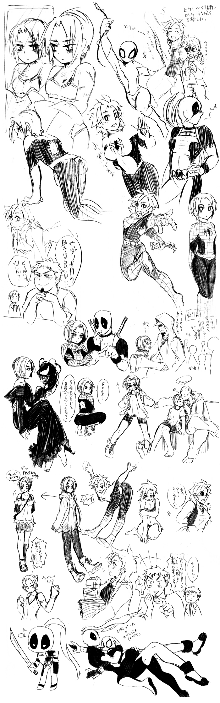 2girls breasts deadpool dress genderswap lady_deadpool marvel multiple_girls peter_parker short_hair spider-man spider-man_(series) sword symbiote translation_request weapon