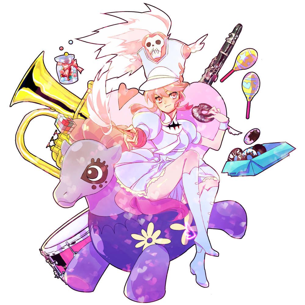 1girl bad_id bad_pixiv_id boots clarinet conductor_baton doughnut dress drum eating food full_body gold hat instrument jakuzure_nonon jar kill_la_kill maracas pink_eyes pink_hair pony_(animal) shako_cap shiny sidelocks sitting tassel toy transparent_background tuba uniform vb