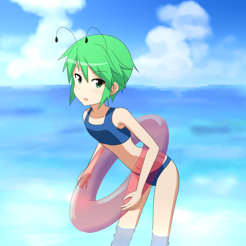 :d antennae bad_anatomy bikini cato_(monocatienus) cloud cloudy_sky collarbone day flat_chest green_eyes green_hair innertube leaning_forward navel ocean open_mouth petite short_hair sky smile solo swimsuit tankini touhou tsurime very_short_hair wading water wriggle_nightbug