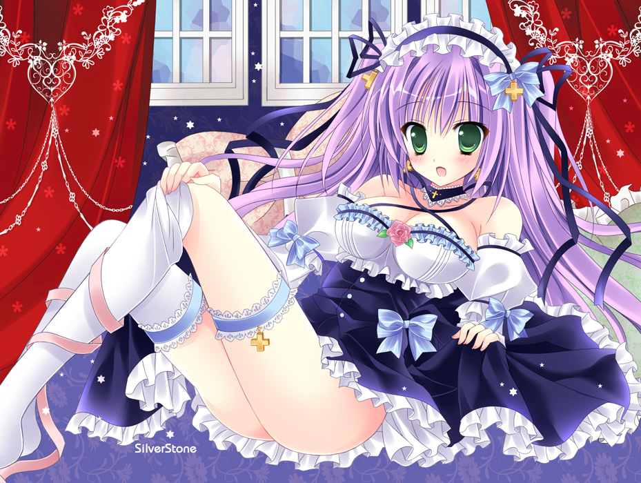 1girl :d breasts cleavage clothes_lift commentary_request green_eyes hairband kirishima_riona large_breasts lolita_hairband long_hair looking_at_viewer no_panties open_mouth original purple_hair skirt skirt_lift smile solo white_legwear