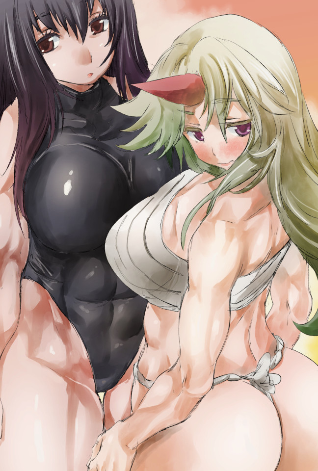 2girls ass bare_shoulders black_hair blonde_hair blush breasts brown_eyes covered_abs fundoshi highleg highleg_leotard horns hoshiguma_yuugi japanese_clothes large_breasts leotard long_hair m.u.g.e.n multiple_girls muscular muscular_female purple_eyes sarashi sendai_hakurei_no_miko single_horn touhou yohane