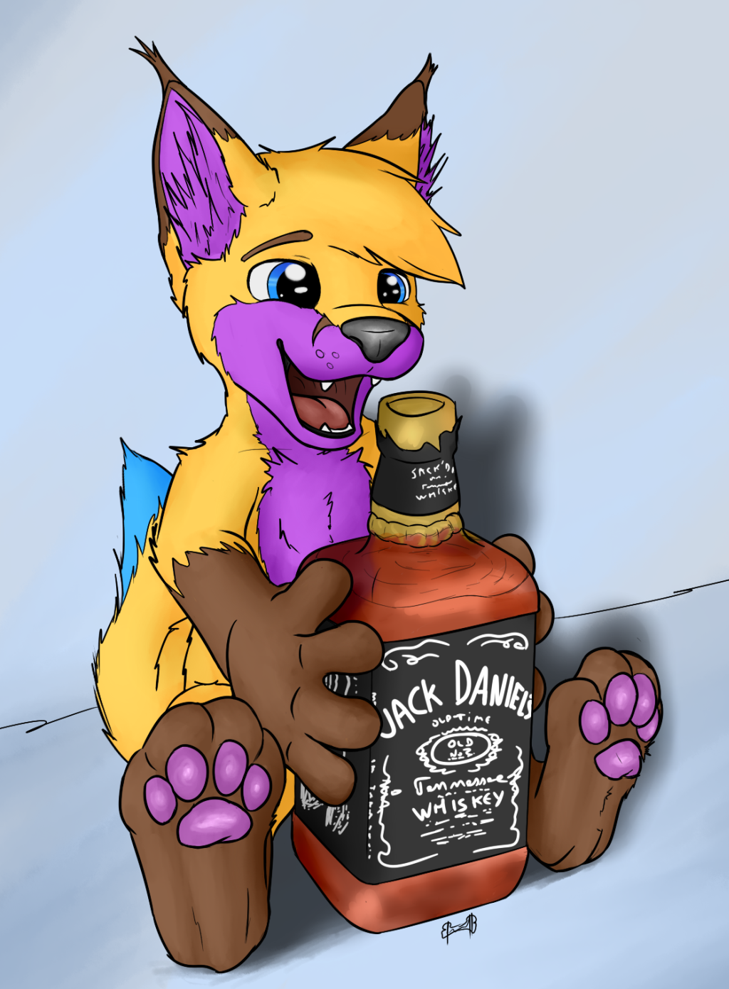alcohol bad_parenting beverage canine caracal cub drink drinking feline fox fuzzywuff happy hybrid jack_daniels male mammal mix simple_background whiskey young zintrex