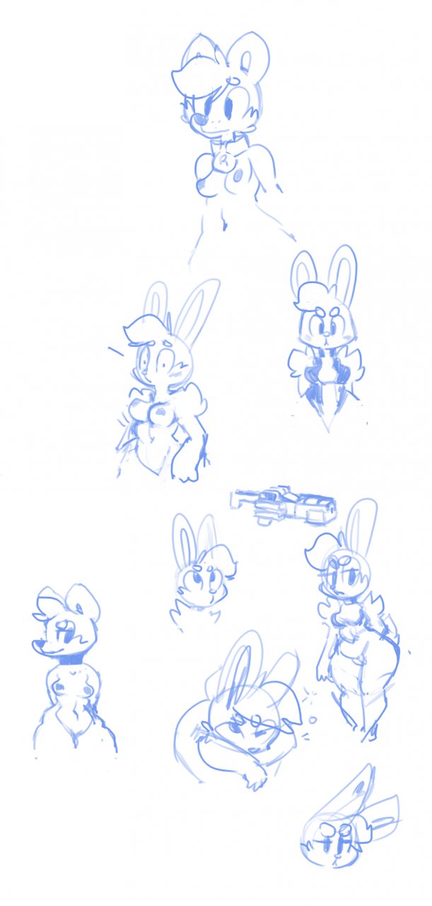 annoyed asswolf big_butt breasts butt canine cupcake_(oriole) female freckles gun lagomorph looking_at_viewer mammal nipples oriole_(artist) pussy rabbit ranged_weapon sketches surprise weapon wide_hips