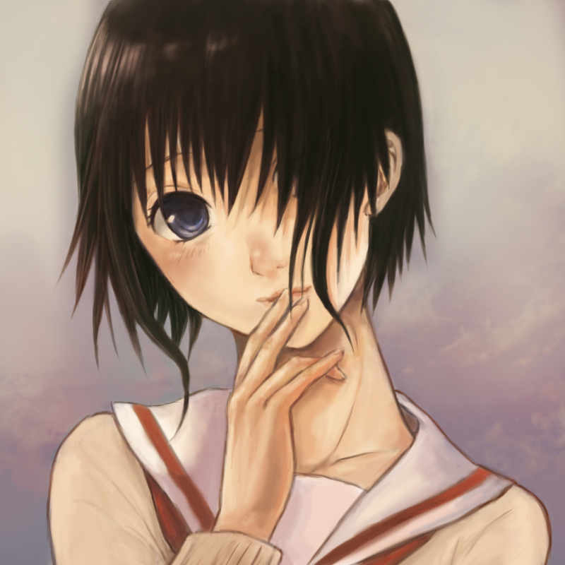 bad_id bad_pixiv_id blue_eyes blush brown_hair close-up hair_over_one_eye lips sahana_kurumi school_uniform short_hair solo sundome tokiwa_osamu