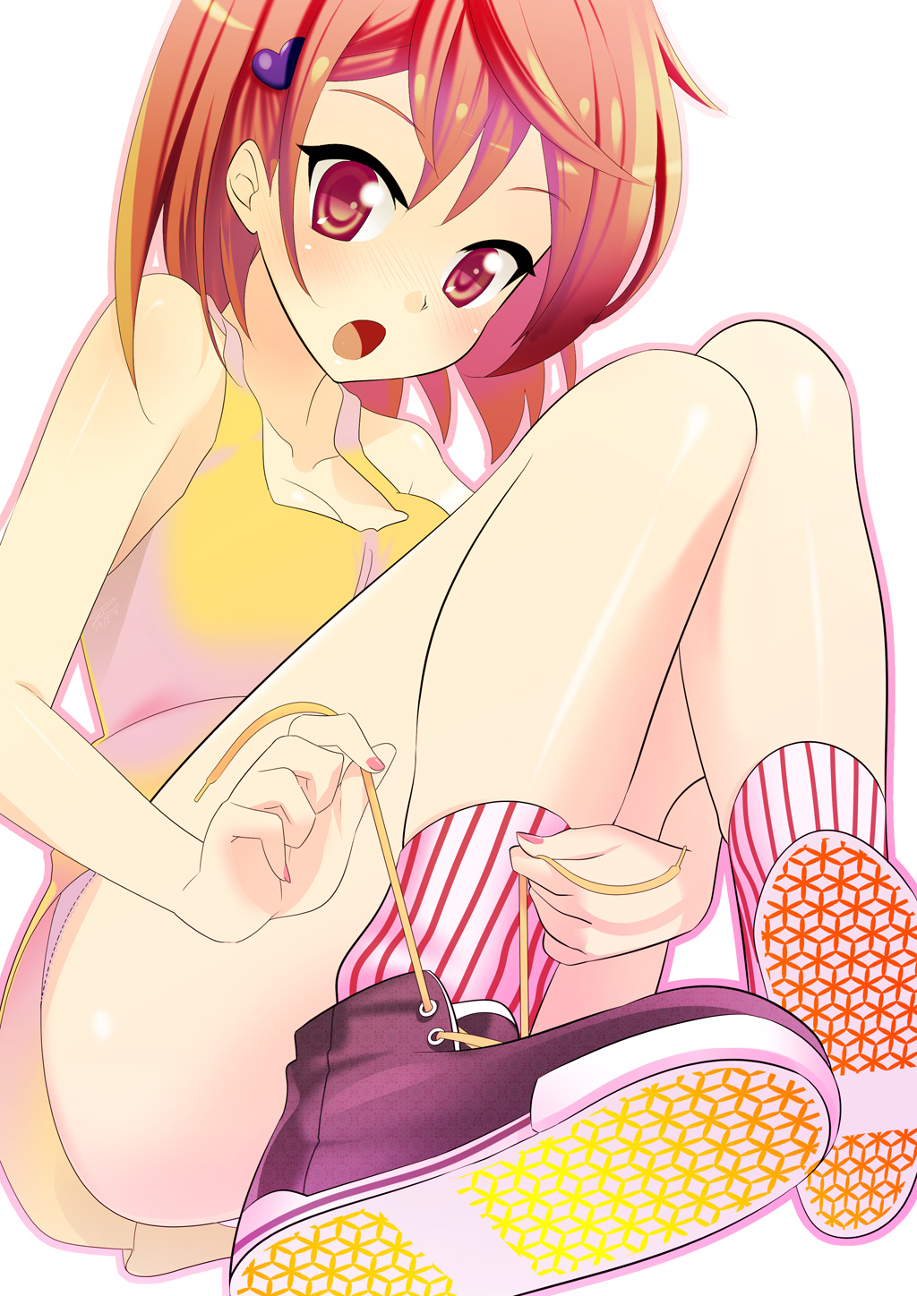 :o bad_id bad_pixiv_id bare_shoulders blush collarbone face hair_ornament highres laces nail_polish original pink_nails red_eyes red_hair shoes short_hair sneakers socks solo striped striped_legwear tank_top tying vertical-striped_legwear vertical_stripes zpolice
