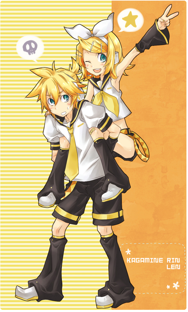 1girl aqua_eyes bad_id bad_pixiv_id blonde_hair brother_and_sister hair_ornament hair_ribbon hairclip holding kagamine_len kagamine_rin midriff mikipa necktie one_eye_closed ribbon sailor_collar short_hair shorts siblings smile sweat twins v vocaloid yellow_neckwear