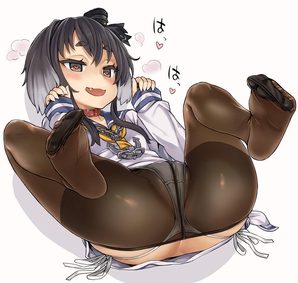 asanagi ass bad_id bad_twitter_id black_hair black_legwear blush collar crotch_seam dress eyebrows fang feet hat heart heart-shaped_pupils heavy_breathing inactive_account kantai_collection lying mini_hat on_back panties panties_under_pantyhose pantyhose partially_visible_anus presenting red_collar sailor_dress short_hair_with_long_locks side-tie_panties sidelocks simple_background sleeves_past_wrists smile solo spread_legs string_panties symbol-shaped_pupils thick_eyebrows thighband_pantyhose tokitsukaze_(kantai_collection) underwear white_background white_panties