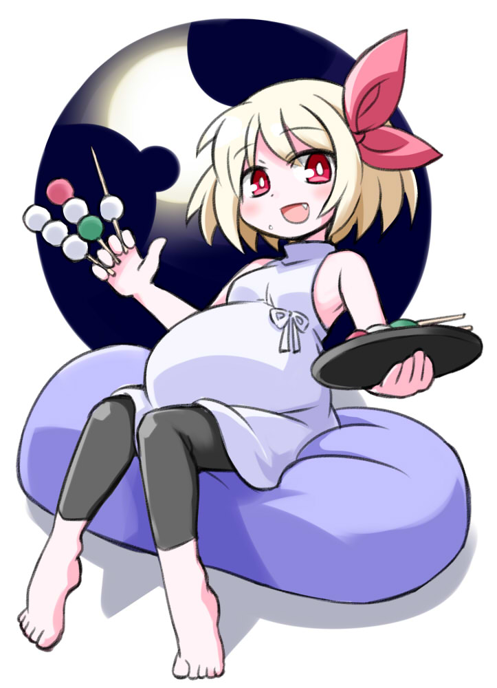 barefoot blonde_hair bow commentary_request dango dress fang food food_on_face hair_bow kugelschreiber leggings looking_at_viewer open_mouth pregnant red_eyes rumia short_hair sitting sleeveless smile solo touhou wagashi