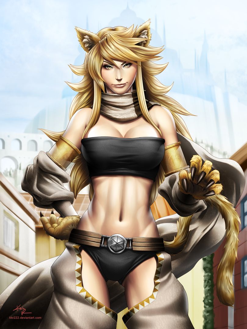 1girl akame_ga_kill! animal_ears animal_tail black_bra black_panties blonde_hair bra breasts claws fang large_breasts leone long_hair looking_at_viewer midriff navel panties realistic scarf smile solo standing tail tiger underwear yellow_eyes