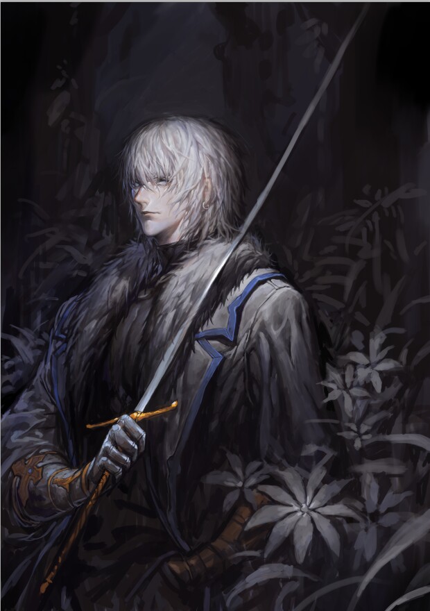 a9219669 armor castlevania earrings forest fur_trim jewelry male_focus nature realistic solo soma_cruz sword weapon white_eyes white_hair