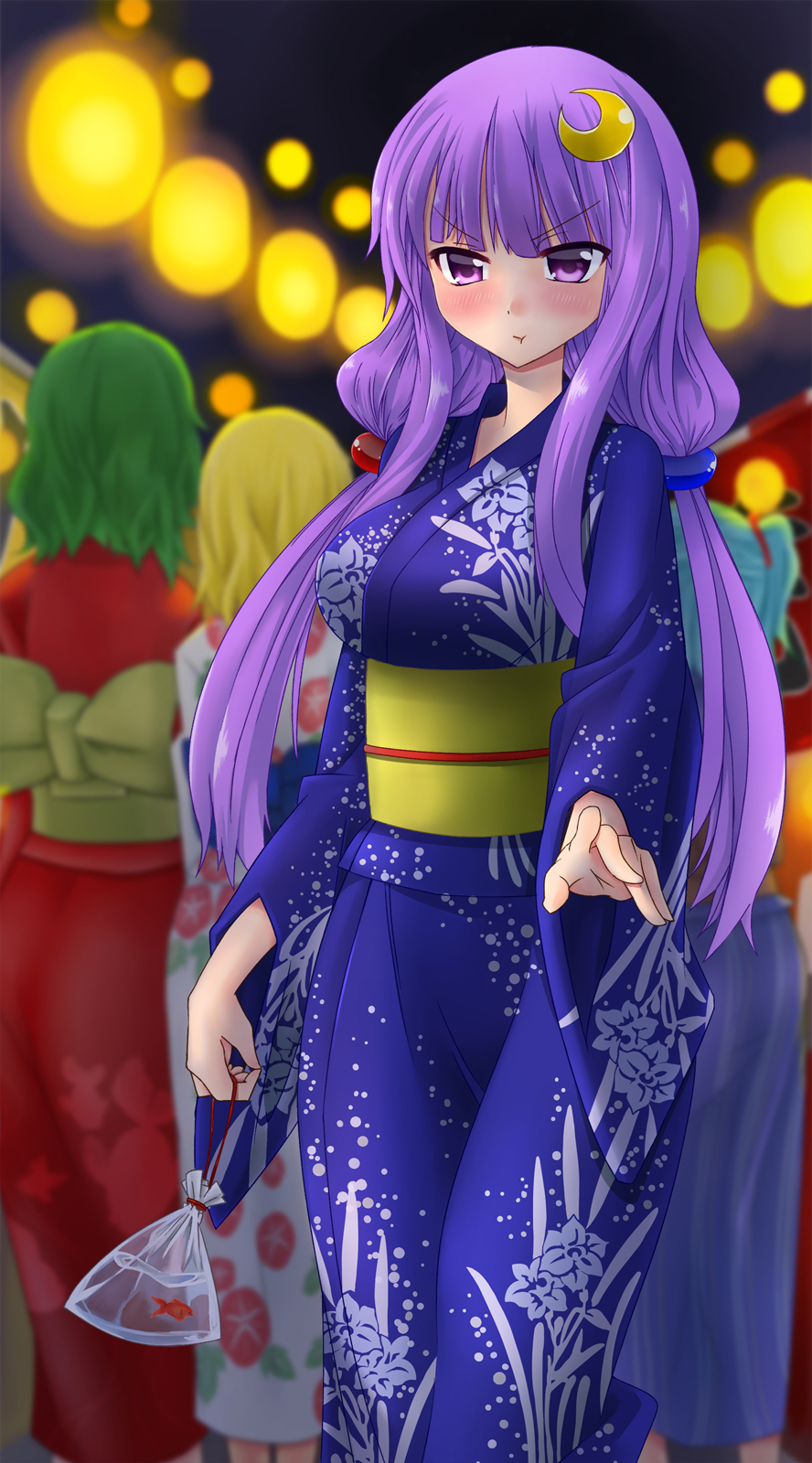 3692materia :t bag bagged_fish blush breasts crescent crescent_hair_ornament festival fish goldfish hair_ornament highres japanese_clothes kimono lantern long_hair medium_breasts obi patchouli_knowledge pout purple_eyes purple_hair sash solo_focus touhou yukata