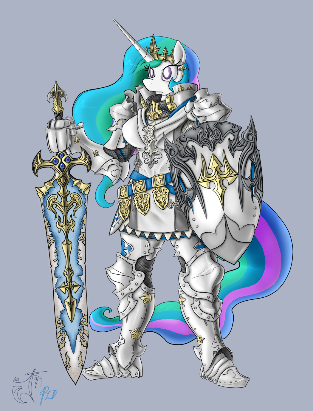 2014 anthro anthrofied armor blackmorass equine female friendship_is_magic fur hair horn long_hair mammal multi-colored_hair my_little_pony plain_background princess_celestia_(mlp) shield solo standing sword weapon white_fur