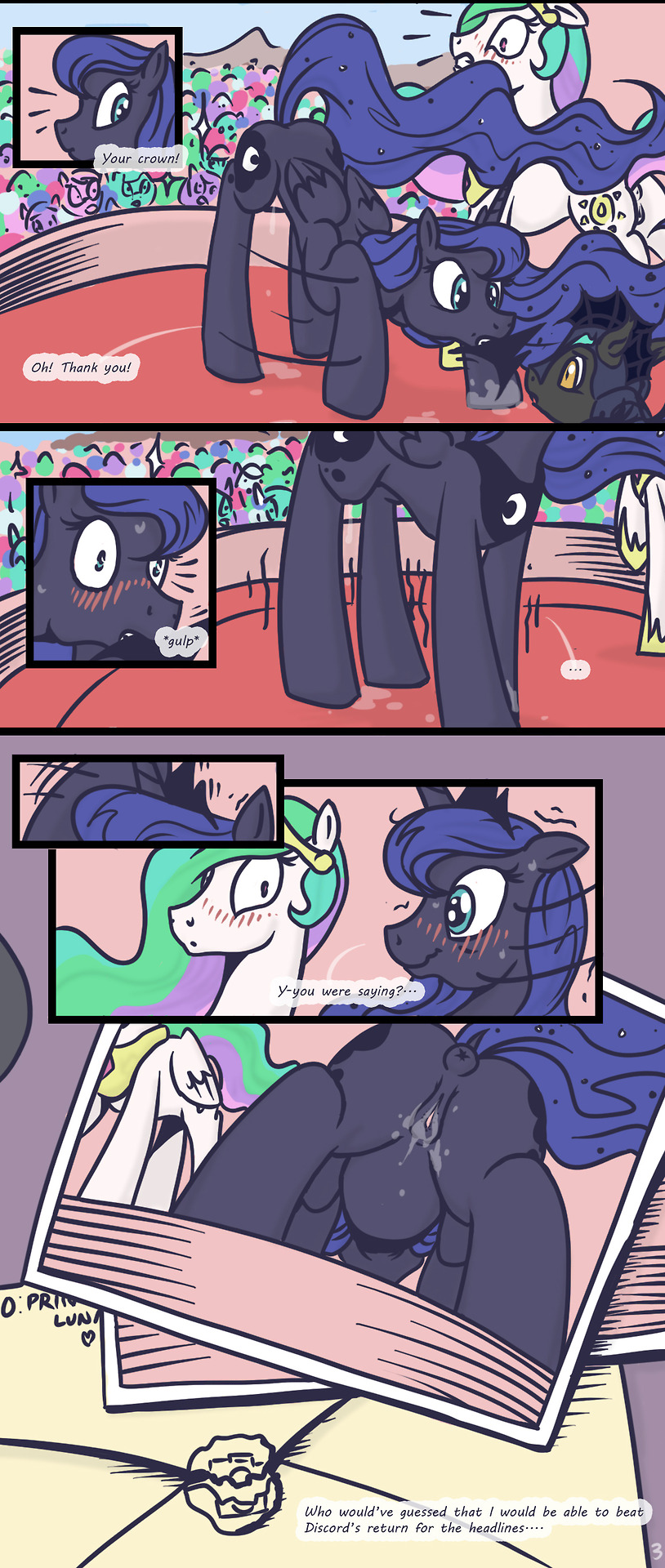 2014 anus blue_eyes blue_fur blue_hair blush butt caught comic cutie_mark dripping english_text equine female feral friendship_is_magic fur hair horn ihavnoname long_hair mammal multi-colored_hair my_little_pony photo presenting presenting_hindquarters princess_celestia_(mlp) princess_luna_(mlp) pussy raised_tail text wet white_fur winged_unicorn wings