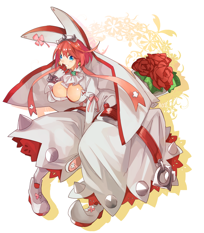 breasts cleavage cleavage_cutout clover commentary_request earrings elphelt_valentine guilty_gear guilty_gear_xrd hyakuhachi_(over3) jewelry large_breasts orippa solo veil