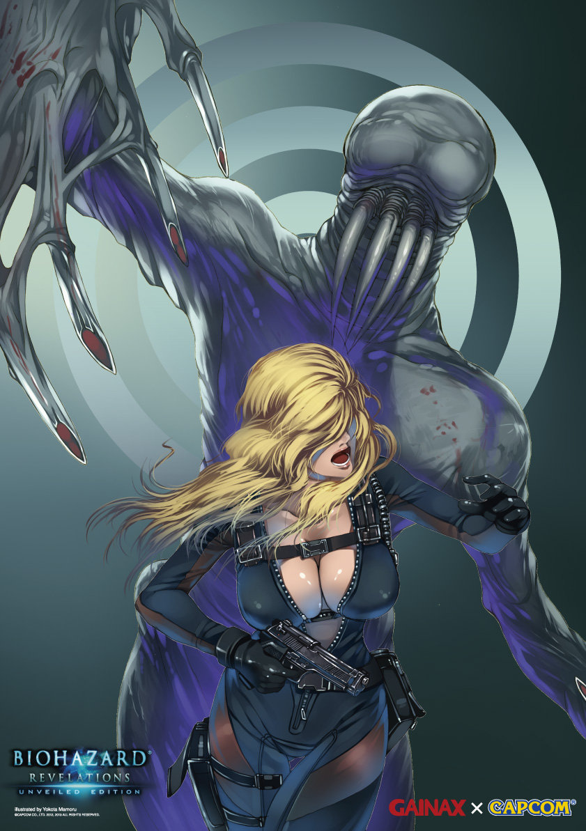 blonde_hair bodysuit breasts center_opening claws cleavage commentary_request copyright_name fangs gloves gun hair_over_eyes holster large_breasts lips monster open_mouth rachael_foley resident_evil resident_evil_revelations running spikes unzipped weapon wetsuit yokota_mamoru