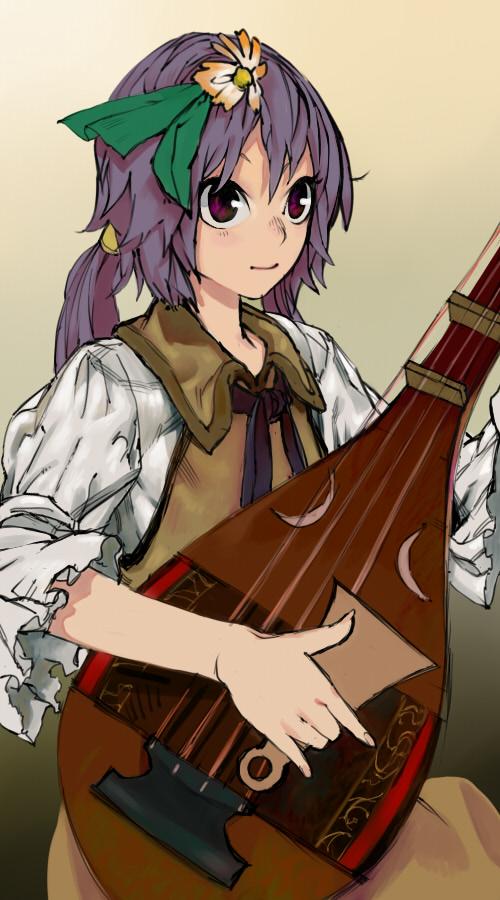 biwa_lute bow dress flower gradient gradient_background hair_flower hair_ornament hair_ribbon instrument long_hair long_sleeves lute_(instrument) music onion_(onion_and_pi-natto) playing_instrument puffy_sleeves purple_eyes purple_hair ribbon simple_background smile solo touhou tsukumo_benben twintails wide_sleeves