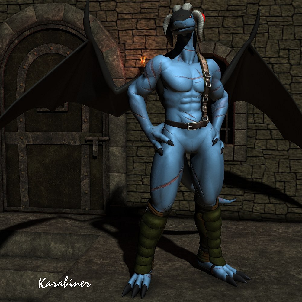2010 3d ambiguous_gender anthro blue_skin bune cgi dragon flaccid genital_slit horn karabiner penis scar slit