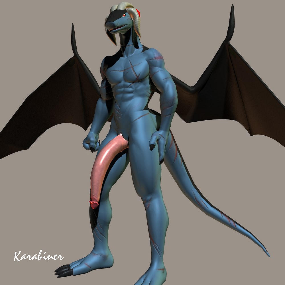 2010 3d anthro blue_skin bune cgi dragon genital_slit grey_background horn huge_penis karabiner looking_at_viewer male open_mouth penis plain_background red_eyes scar slit