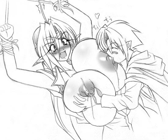1boy 1girl arms_over_head blush breast_grab breast_sucking breasts eyes_closed gigantic_breasts glasses grabbing kloah lactation monochrome open_clothes open_shirt pointy_ears restrained shirt