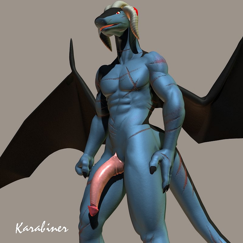 2010 3d anthro blue_skin bune cgi dragon genital_slit grey_background horn huge_penis karabiner looking_at_viewer male open_mouth penis plain_background red_eyes scar slit