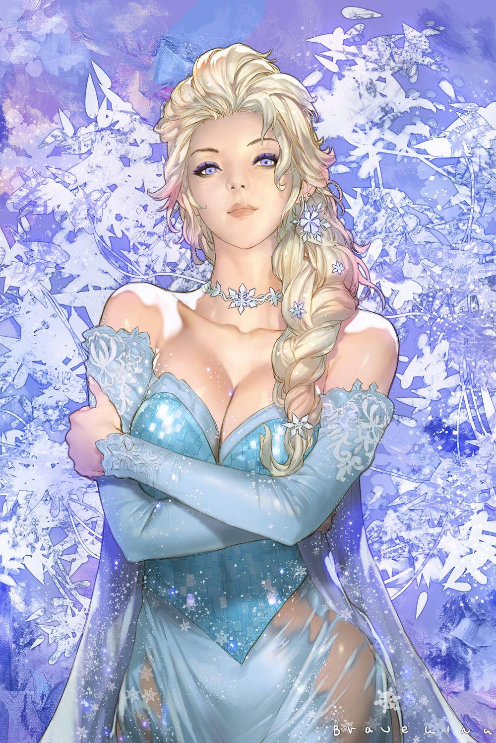 bare_shoulders blonde_hair braid braveking breasts choker cleavage collarbone commentary_request crossed_arms detached_sleeves dress elsa_(frozen) eyelashes eyeshadow frozen_(disney) hair_ornament hair_over_shoulder highres jewelry korean_commentary large_breasts lips long_hair looking_at_viewer makeup necklace nose purple_eyes realistic see-through shiny shiny_skin single_braid snowflakes solo strapless strapless_dress
