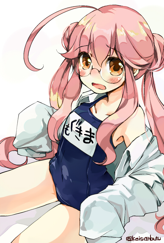 ahoge blush double_bun glasses kaisanbutsu kantai_collection looking_at_viewer makigumo_(kantai_collection) name_tag one-piece_swimsuit open_mouth oversized_clothes pink_eyes pink_hair school_swimsuit school_uniform simple_background sitting sleeves_past_wrists solo swimsuit swimsuit_under_clothes twintails twitter_username white_background