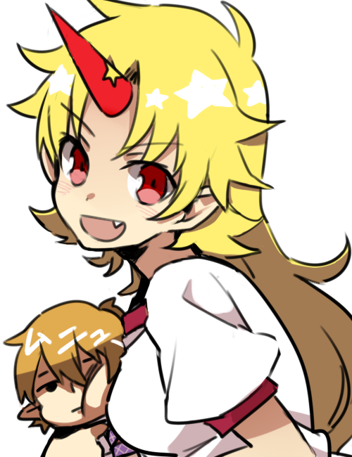 blonde_hair breast_smother breasts cheek_press fang horn hoshiguma_yuugi large_breasts long_hair mizuhashi_parsee multiple_girls open_mouth puffy_short_sleeves puffy_sleeves red_eyes short_sleeves six_(fnrptal1010) smile touhou