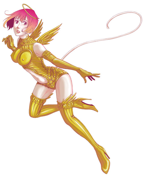 1girl armor breasts female full_body halo hecomura pink_hair simple_background solo tail white_background wings