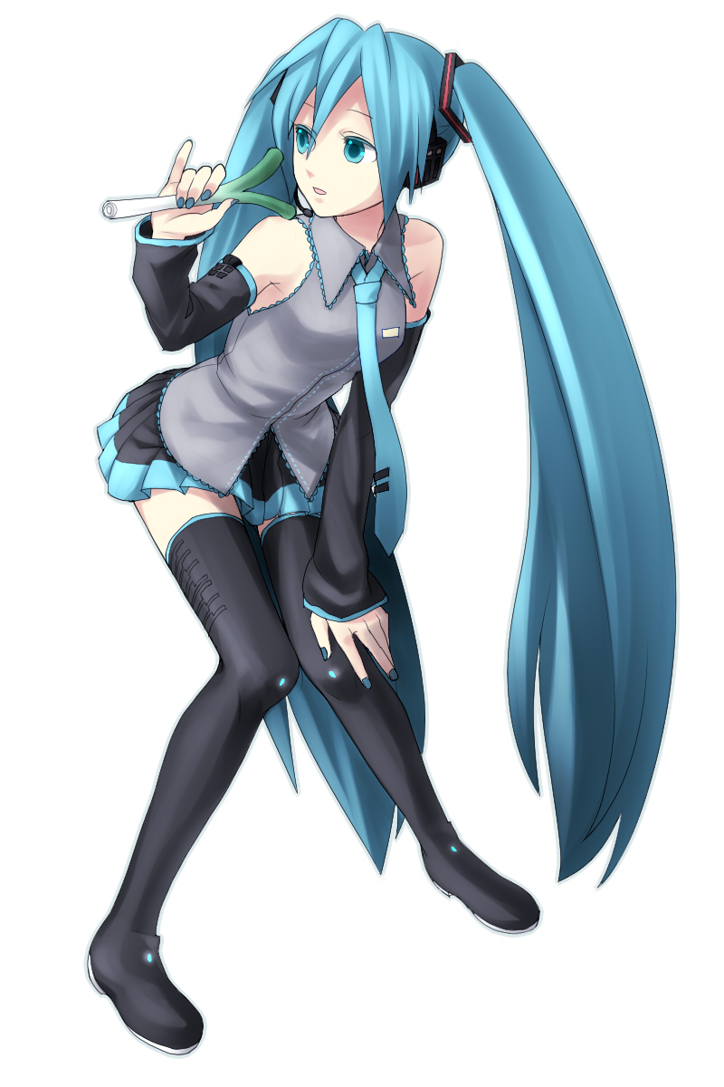 aqua_eyes aqua_hair bad_id bad_pixiv_id detached_sleeves do_(drm) green_eyes hatsune_miku headphones headset highres long_hair necktie simple_background skirt solo spring_onion thighhighs twintails very_long_hair vocaloid zettai_ryouiki