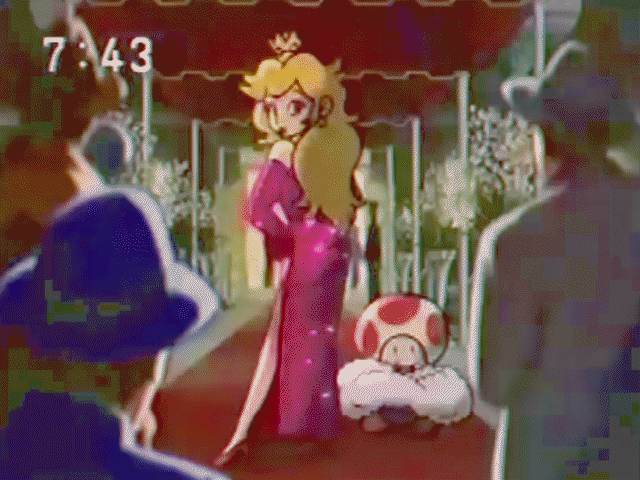 1girl 90s animated animated_gif blonde_hair camera crown evening_gown fur_trim hat jewelry kiss lots_of_jewelry mario_(series) necklace peach photo photographer princess princess_peach side_slit super_mario_bros. toad wink