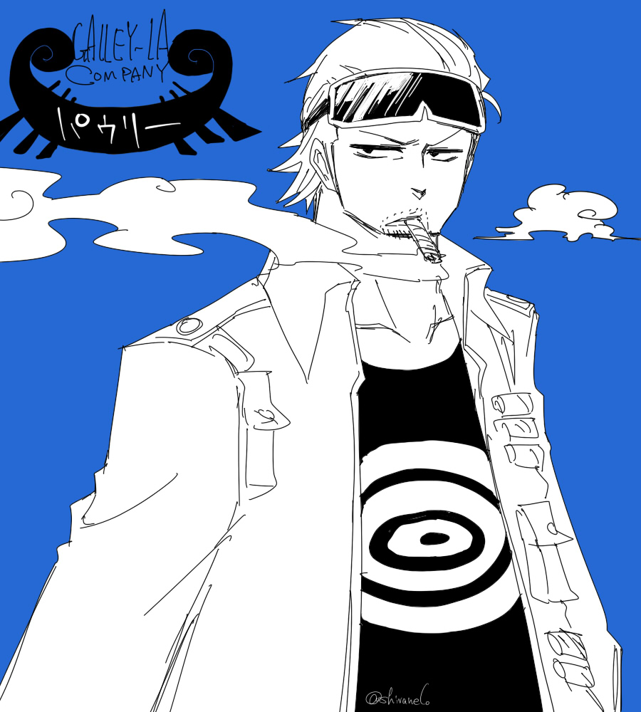 1boy blue_background cigar color_background goggles jacket male male_focus one_piece paulie shivanel smoking solo souji_(souji-59) water_7